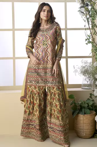 Beige crepe silk digital with aari work plazzo suit