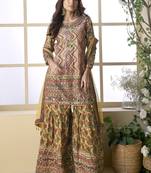 Beige crepe silk digital with aari work Palazzo suit