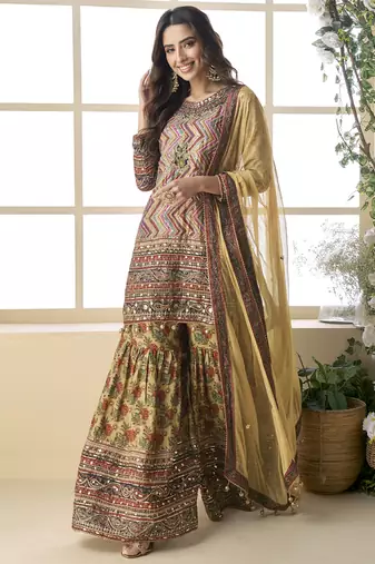Beige crepe silk digital with aari work Palazzo suit