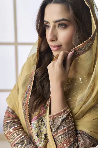Beige crepe silk digital with aari work Palazzo suit