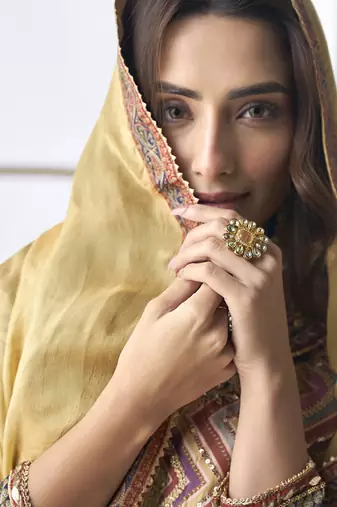 Beige crepe silk digital with aari work Palazzo suit