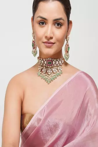 Gold plated kundan pink stone necklace set