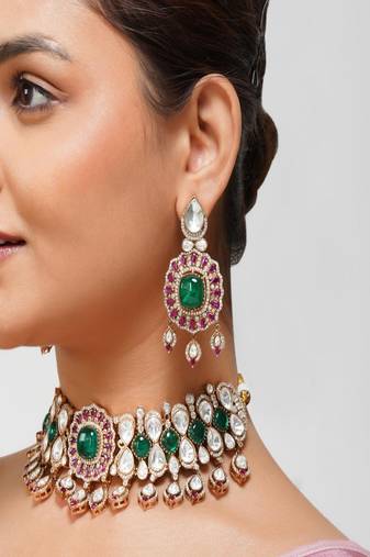 Gold plated kundan green stone necklace set