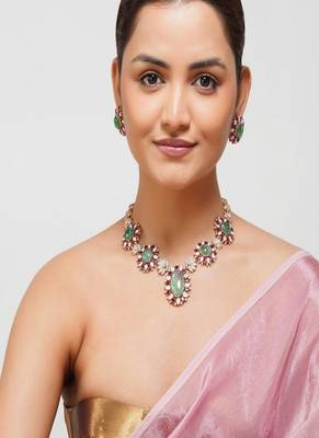 Gold plated kundan green stone necklace set 1
