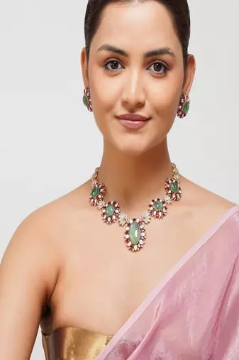 Gold plated kundan green stone necklace set