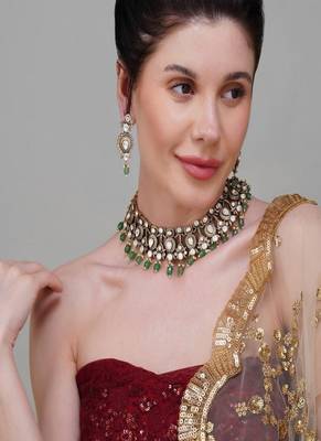 Gold plated kundan green stone necklace set 1