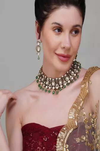Gold plated kundan green stone necklace set