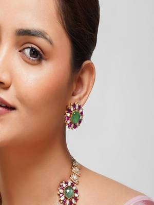 Gold plated kundan green stone necklace set 2