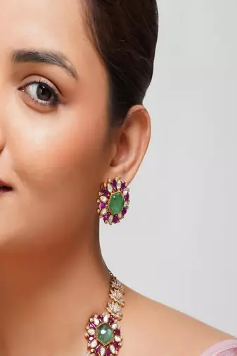 Gold plated kundan green stone necklace set