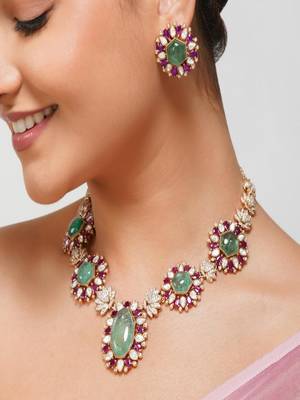 Gold plated kundan green stone necklace set 3