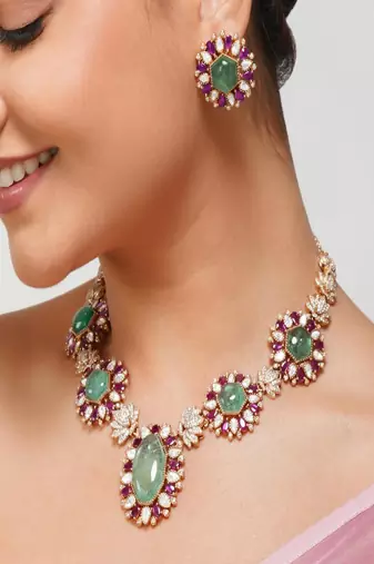 Gold plated kundan green stone necklace set