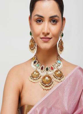 Gold plated kundan multicolor stone necklace set 1
