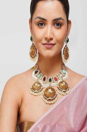 Gold plated kundan multicolor stone necklace set