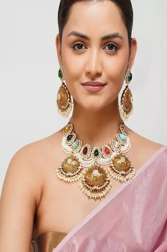 Gold plated kundan multicolor stone necklace set