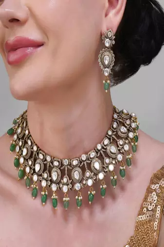Gold plated kundan green stone necklace set