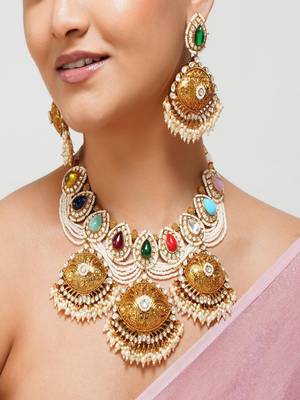 Gold plated kundan multicolor stone necklace set 2