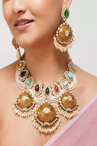 Gold plated kundan multicolor stone necklace set