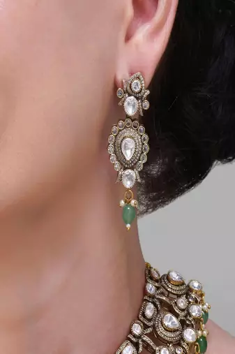 Gold plated kundan green stone necklace set