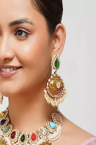 Gold plated kundan multicolor stone necklace set