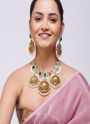 Gold plated kundan multicolor stone necklace set 4