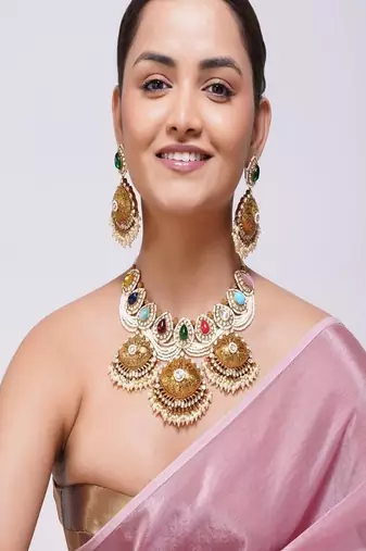 Gold plated kundan multicolor stone necklace set