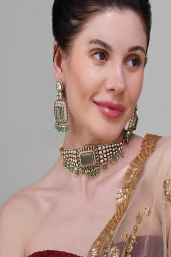 Gold plated kundan green stone choker necklace set
