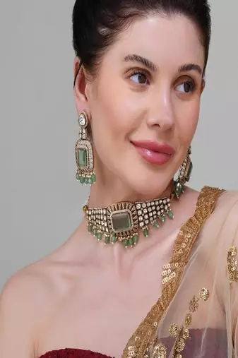 Gold plated kundan green stone choker necklace set