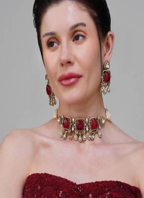 Gold plated kundan red stone choker necklace set 1