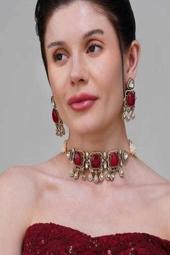Gold plated kundan red stone choker necklace set
