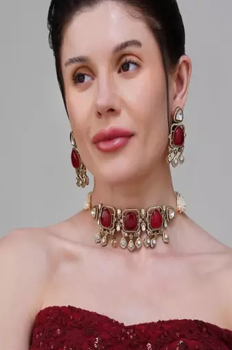 Gold plated kundan red stone choker necklace set