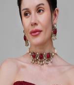 Gold plated kundan red stone choker necklace set