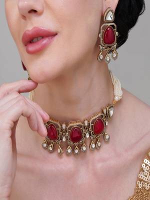 Gold plated kundan red stone choker necklace set 2