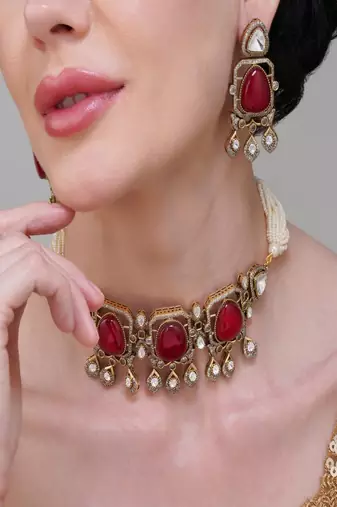 Gold plated kundan red stone choker necklace set