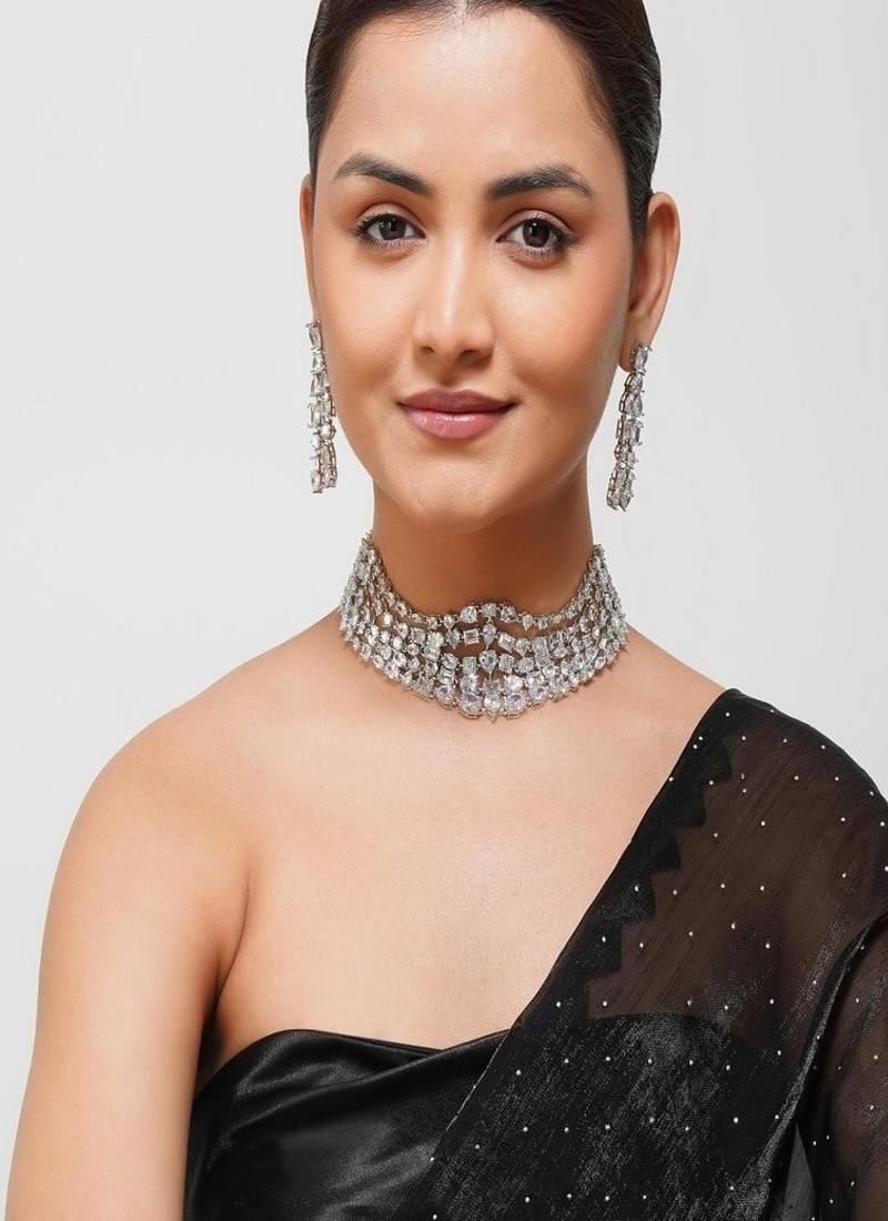Silver plated Zircon Choker necklace set