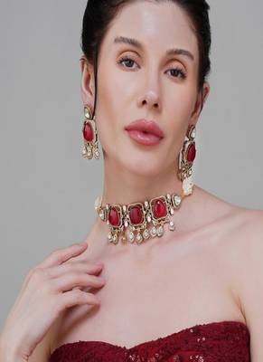 Gold plated kundan red stone choker necklace set 4