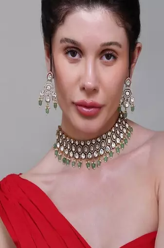 Two Toned green stone choker necklace set