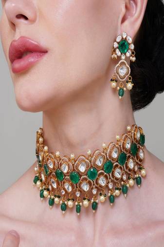 Gold plated kundan green stone choker necklace set