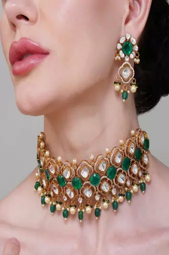 Gold plated kundan green stone choker necklace set