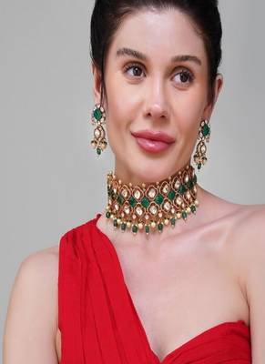 Gold plated kundan green stone choker necklace set 1