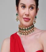 Gold plated kundan green stone choker necklace set