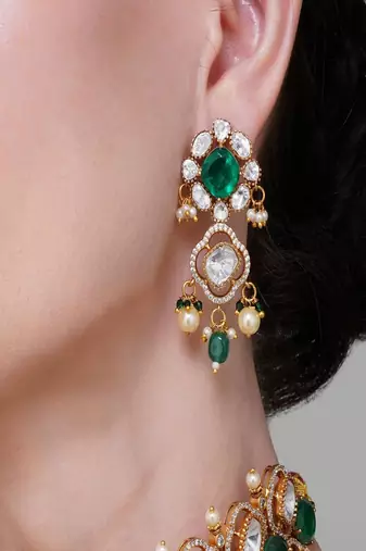 Gold plated kundan green stone choker necklace set