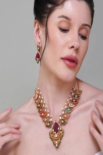 Gold plated kundan multicolor stone necklace set