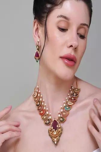 Gold plated kundan multicolor stone necklace set