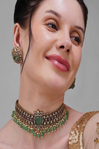 Gold plated kundan green stone choker necklace set