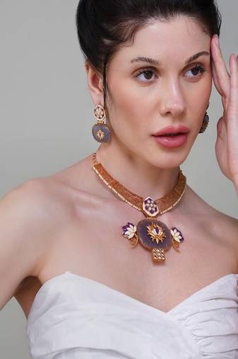 Gold plated kundan purple stone necklace set