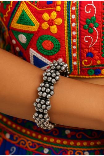 Navratri silver oxidized ethnic adjustable ghungroo bracelet for women & girls (adb170ox)