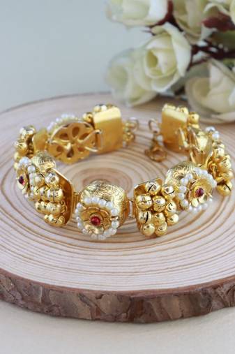 18k gold plated ethnic adjustable white pearl & ghungroo bracelet for women & girls (adb173fl)