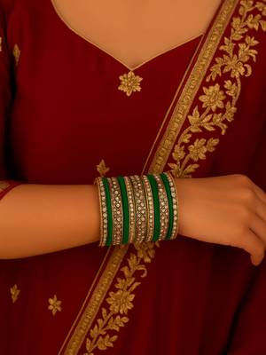 Gold plated traditional royal emerald velvet chuda bangle set kada for bridal/women (green) 1