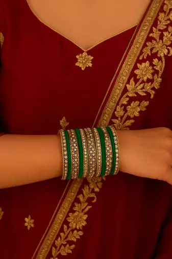 Gold plated traditional royal emerald velvet chuda bangle set kada for bridal/women (green)