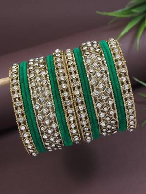 Gold plated traditional royal emerald velvet chuda bangle set kada for bridal/women (green) 2